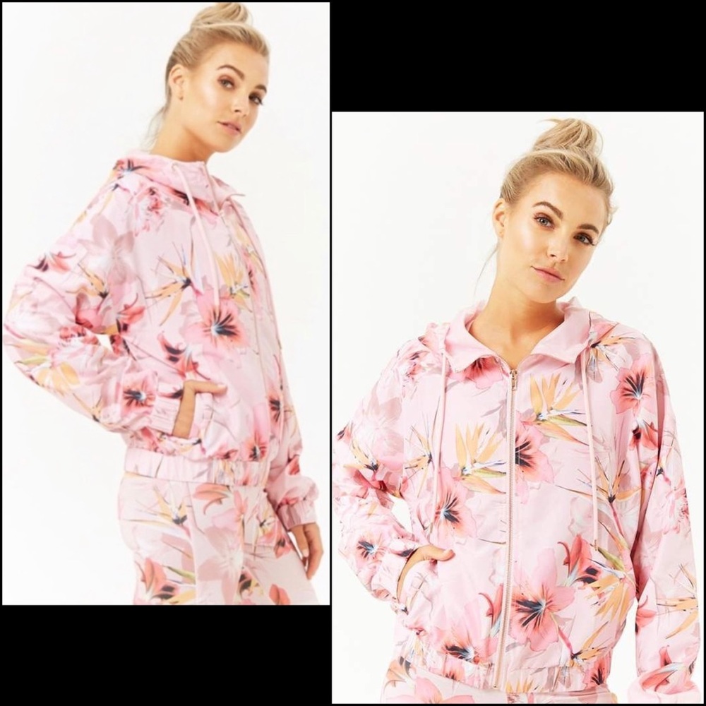 Pink Satin Tropical Island Print Bomber Windbreaker Hoodie Jacket